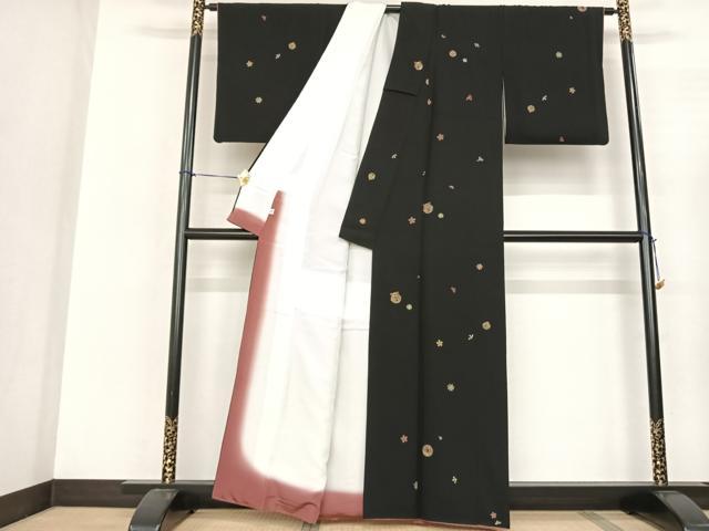 平和屋着物●上質な小紋　総刺繍　鈴　舞花文　黒地　金糸　正絹　逸品　AABF0706fy