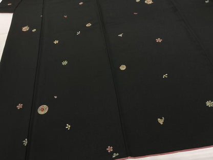 平和屋着物●上質な小紋　総刺繍　鈴　舞花文　黒地　金糸　正絹　逸品　AABF0706fy