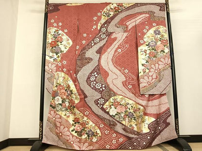 平和屋着物●豪華振袖 駒刺繍 絞り 片輪車花文 金銀彩 正絹 逸品 AABF0708fy