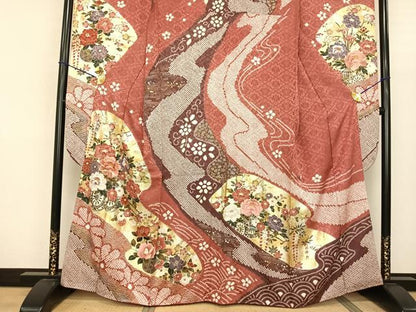 平和屋着物●豪華振袖 駒刺繍 絞り 片輪車花文 金銀彩 正絹 逸品 AABF0708fy