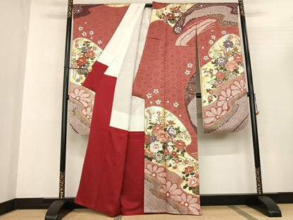 平和屋着物●豪華振袖 駒刺繍 絞り 片輪車花文 金銀彩 正絹 逸品 AABF0708fy