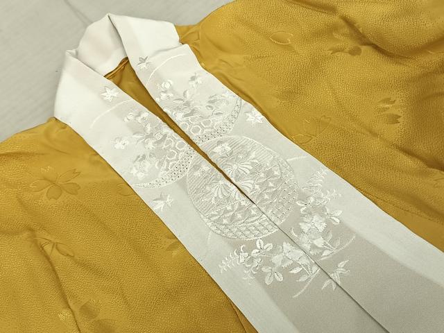 平和屋着物●振袖用長襦袢 無双仕立て 舞桜地紋 黄金色 半衿刺繍 正絹 逸品 AABF0719fy