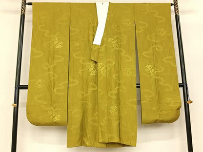 平和屋着物●振袖用長襦袢 無双仕立て 雲取り枝梅地紋 菜種油色 正絹 逸品 AABF0724fy