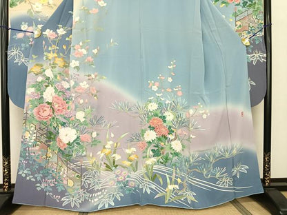 平和屋着物●豪華振袖　友禅　作家物　玉峰　枝花文　暈し染め　正絹　逸品　AABF0736fy