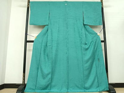 平和屋着物●上質な色無地 作家物 人物風景地紋 青緑色 さが美扱い ロング丈 正絹 逸品 AABF0738fy