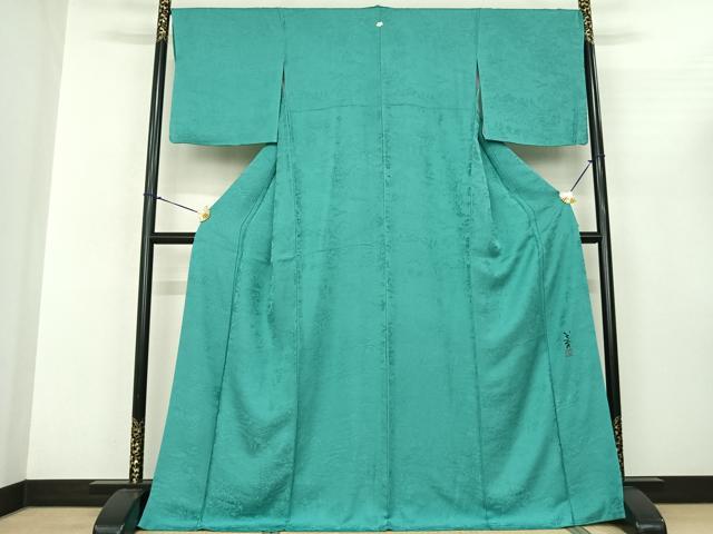 平和屋着物●上質な色無地 作家物 人物風景地紋 青緑色 さが美扱い ロング丈 正絹 逸品 AABF0738fy