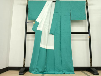 平和屋着物●上質な色無地 作家物 人物風景地紋 青緑色 さが美扱い ロング丈 正絹 逸品 AABF0738fy