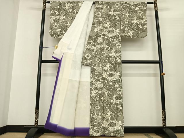 平和屋着物●上質な小紋 型染め 草花文 正絹 逸品 AABF0739fy