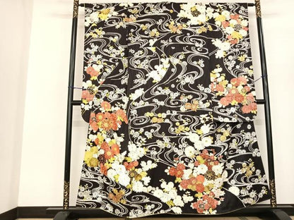 平和屋着物●豪華振袖 草花文 黒地 金彩 正絹 逸品 AABF0740fy