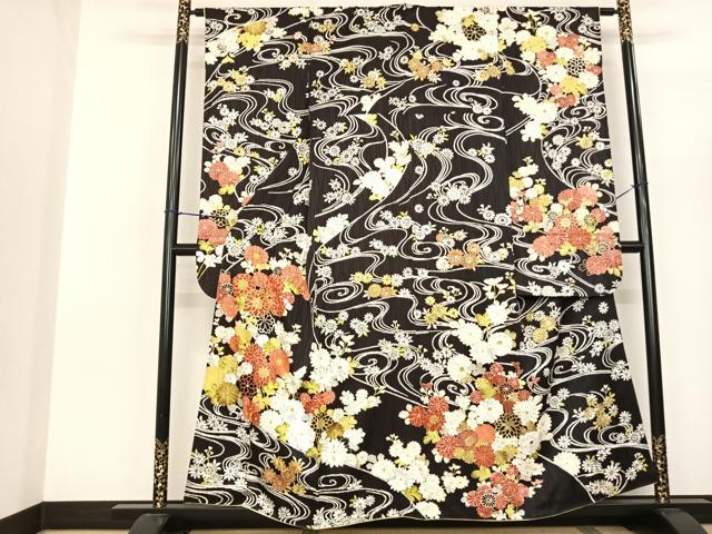 平和屋着物●豪華振袖 草花文 黒地 金彩 正絹 逸品 AABF0740fy