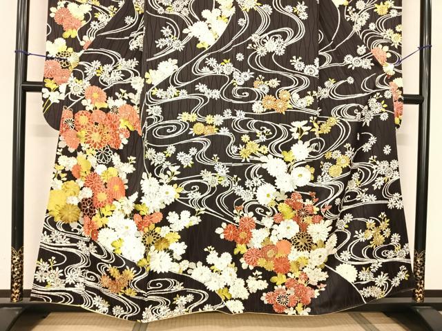 平和屋着物●豪華振袖 草花文 黒地 金彩 正絹 逸品 AABF0740fy