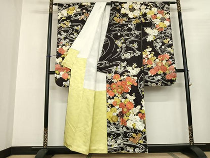 平和屋着物●豪華振袖 草花文 黒地 金彩 正絹 逸品 AABF0740fy
