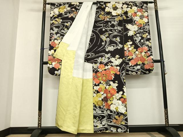 平和屋着物●豪華振袖 草花文 黒地 金彩 正絹 逸品 AABF0740fy