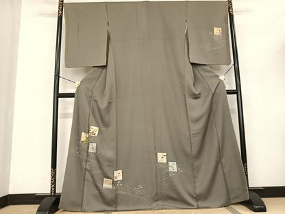 平和屋着物●訪問着 手描き 色紙花鳥文 金糸 金彩 正絹 逸品 AABF0750fy
