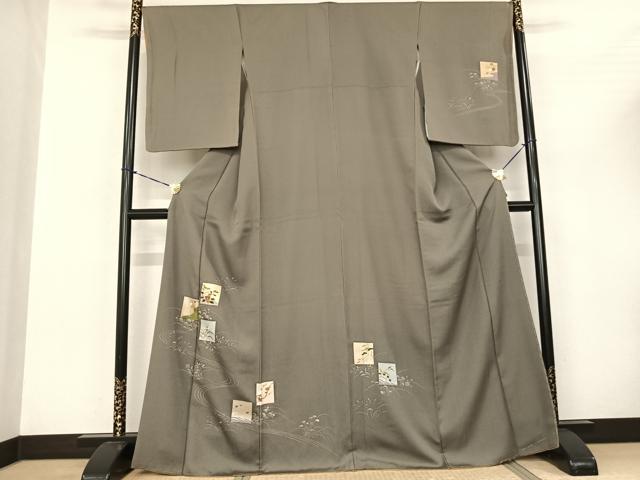 平和屋着物●訪問着 手描き 色紙花鳥文 金糸 金彩 正絹 逸品 AABF0750fy