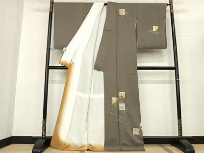 平和屋着物●訪問着 手描き 色紙花鳥文 金糸 金彩 正絹 逸品 AABF0750fy