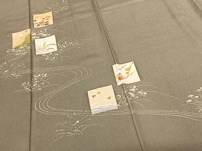 平和屋着物●訪問着 手描き 色紙花鳥文 金糸 金彩 正絹 逸品 AABF0750fy