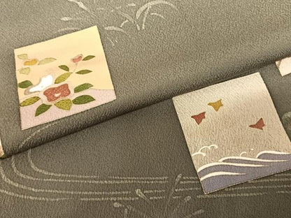 平和屋着物●訪問着 手描き 色紙花鳥文 金糸 金彩 正絹 逸品 AABF0750fy