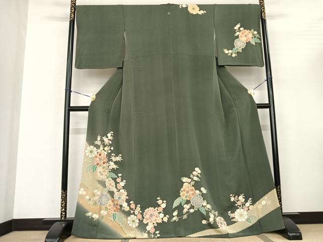 平和屋着物●訪問着 友禅 刺繍 枝花文 暈し染め 金彩 鬼しぼ縮緬 正絹 逸品 AABF0759fy