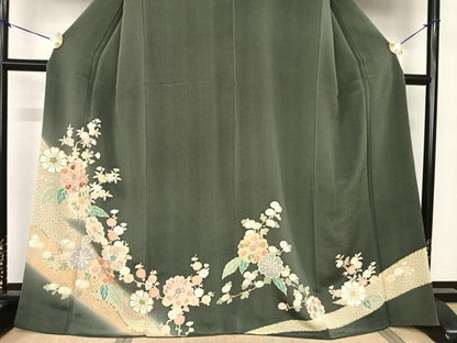 平和屋着物●訪問着 友禅 刺繍 枝花文 暈し染め 金彩 鬼しぼ縮緬 正絹 逸品 AABF0759fy