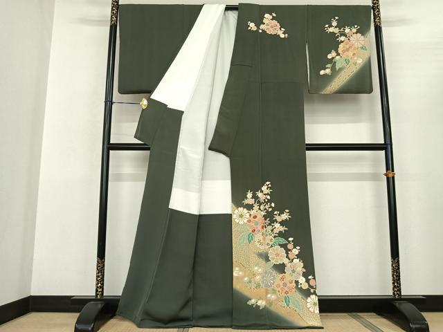 平和屋着物●訪問着 友禅 刺繍 枝花文 暈し染め 金彩 鬼しぼ縮緬 正絹 逸品 AABF0759fy