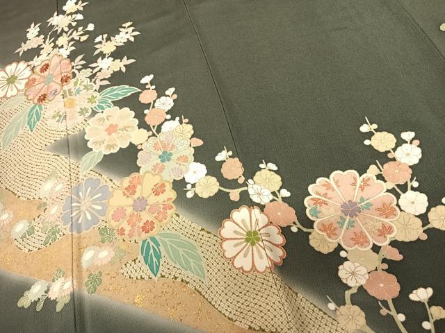 平和屋着物●訪問着 友禅 刺繍 枝花文 暈し染め 金彩 鬼しぼ縮緬 正絹 逸品 AABF0759fy