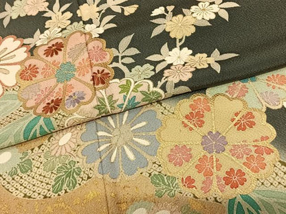 平和屋着物●訪問着 友禅 刺繍 枝花文 暈し染め 金彩 鬼しぼ縮緬 正絹 逸品 AABF0759fy