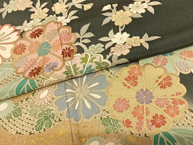 平和屋着物●訪問着 友禅 刺繍 枝花文 暈し染め 金彩 鬼しぼ縮緬 正絹 逸品 AABF0759fy
