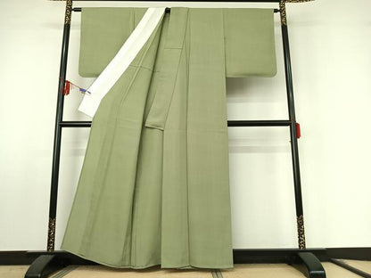 平和屋着物▽上質な紬 単衣 山葵色 正絹 逸品 AABF0763jh