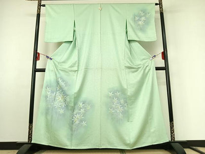 平和屋着物▽訪問着　単衣　手描き　草花文　暈し染め　金銀彩　正絹　逸品　AABF0772jh