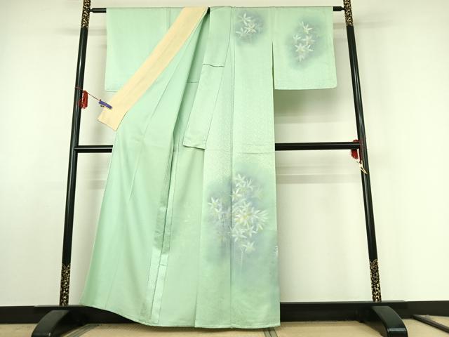 平和屋着物▽訪問着　単衣　手描き　草花文　暈し染め　金銀彩　正絹　逸品　AABF0772jh