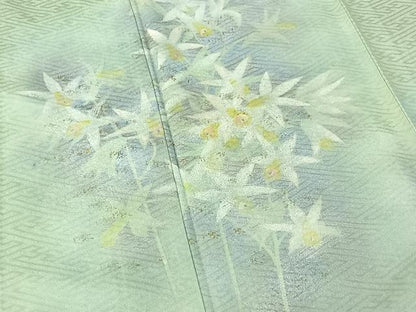 平和屋着物▽訪問着　単衣　手描き　草花文　暈し染め　金銀彩　正絹　逸品　AABF0772jh