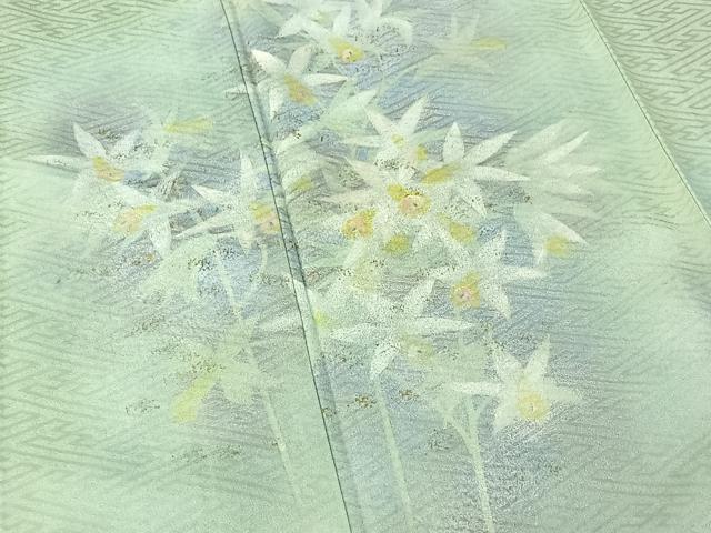 平和屋着物▽訪問着　単衣　手描き　草花文　暈し染め　金銀彩　正絹　逸品　AABF0772jh