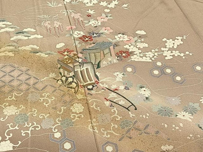 平和屋着物▽訪問着 単衣 御所車花文 暈し染め 金彩 正絹 逸品 AABF0774jh