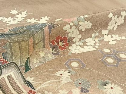 平和屋着物▽訪問着 単衣 御所車花文 暈し染め 金彩 正絹 逸品 AABF0774jh