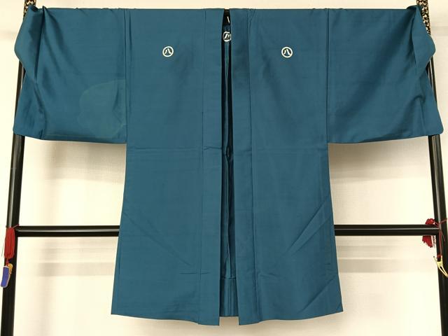平和屋着物▽男性　色紋付　単衣　羽織セット　本場大島紬　着物：白群色　羽織：花浅葱色　正絹　逸品　AABF0776jh