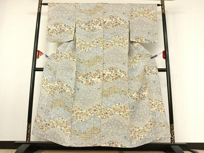 平和屋着物▽上質な小紋 単衣 型染め 花蝶文 鬼しぼ縮緬 正絹 逸品 AABF0777jh