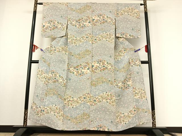 平和屋着物▽上質な小紋 単衣 型染め 花蝶文 鬼しぼ縮緬 正絹 逸品 AABF0777jh