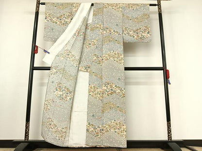 平和屋着物▽上質な小紋 単衣 型染め 花蝶文 鬼しぼ縮緬 正絹 逸品 AABF0777jh