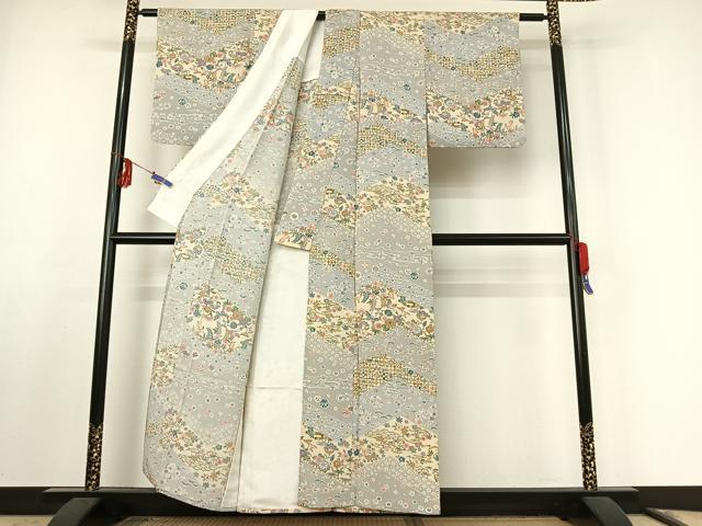 平和屋着物▽上質な小紋 単衣 型染め 花蝶文 鬼しぼ縮緬 正絹 逸品 AABF0777jh