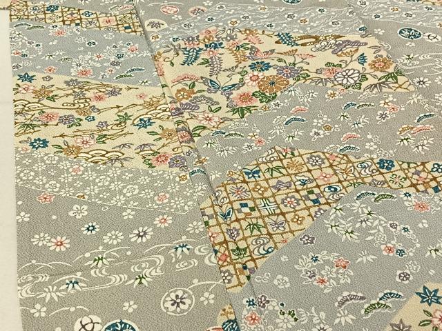 平和屋着物▽上質な小紋 単衣 型染め 花蝶文 鬼しぼ縮緬 正絹 逸品 AABF0777jh