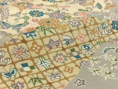 平和屋着物▽上質な小紋 単衣 型染め 花蝶文 鬼しぼ縮緬 正絹 逸品 AABF0777jh