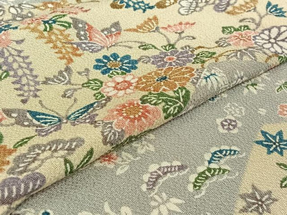 平和屋着物▽上質な小紋 単衣 型染め 花蝶文 鬼しぼ縮緬 正絹 逸品 AABF0777jh