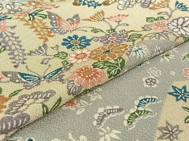 平和屋着物▽上質な小紋 単衣 型染め 花蝶文 鬼しぼ縮緬 正絹 逸品 AABF0777jh
