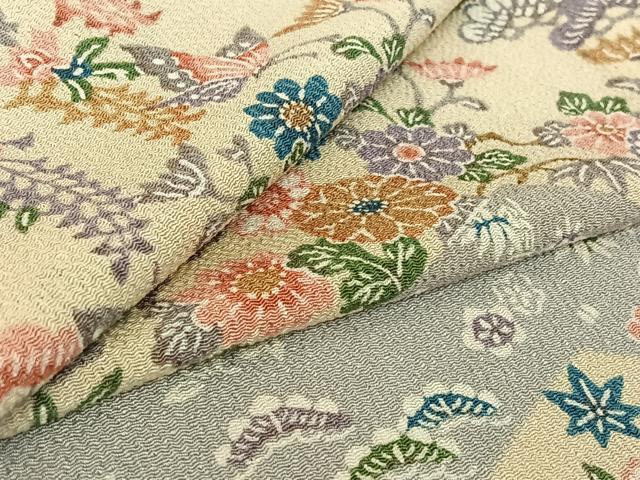 平和屋着物▽上質な小紋 単衣 型染め 花蝶文 鬼しぼ縮緬 正絹 逸品 AABF0777jh