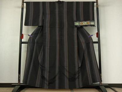 平和屋着物▽本塩沢 単衣 やまだ織 縞 やまと誂製 証紙付き 正絹 逸品 AABF0780jh