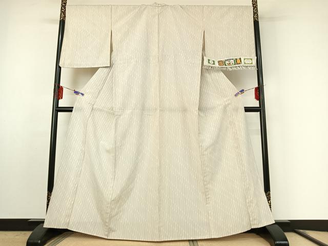 平和屋着物▽本塩沢 単衣 やまだ織 縞 証紙付き 正絹 逸品 AABF0781jh