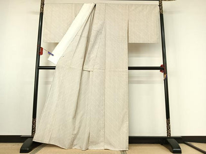 平和屋着物▽本塩沢 単衣 やまだ織 縞 証紙付き 正絹 逸品 AABF0781jh