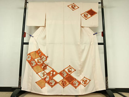 平和屋着物▽訪問着　単衣　駒刺繍　菱花文　金彩　正絹　逸品　AABF0784jh