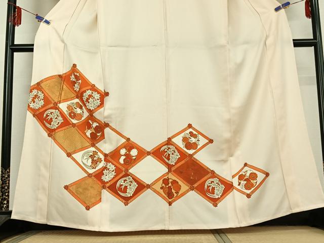 平和屋着物▽訪問着　単衣　駒刺繍　菱花文　金彩　正絹　逸品　AABF0784jh